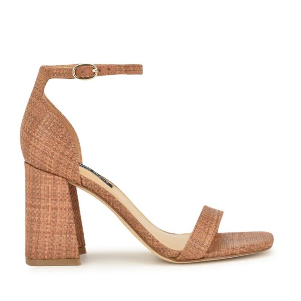 Nine West Iona Brown Rafia Block Heel Ankle Strap Dress Sandal Size 7.5 NWOB